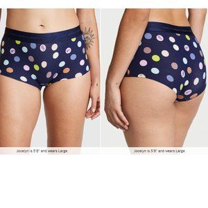 VS PINK LOGO BOYSHORT PANTY Midnight Navy Dot Large Polka Dot Cute Classy NWT